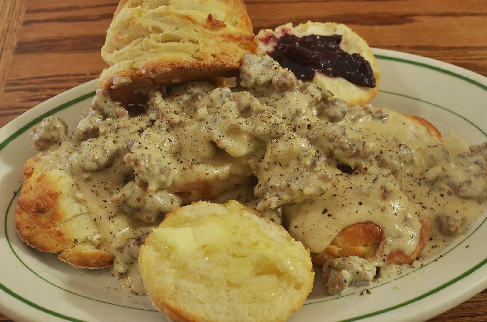 Biscuits and sausage gravy on a plate. The photo was not taken at a Chattanooga restaurant.