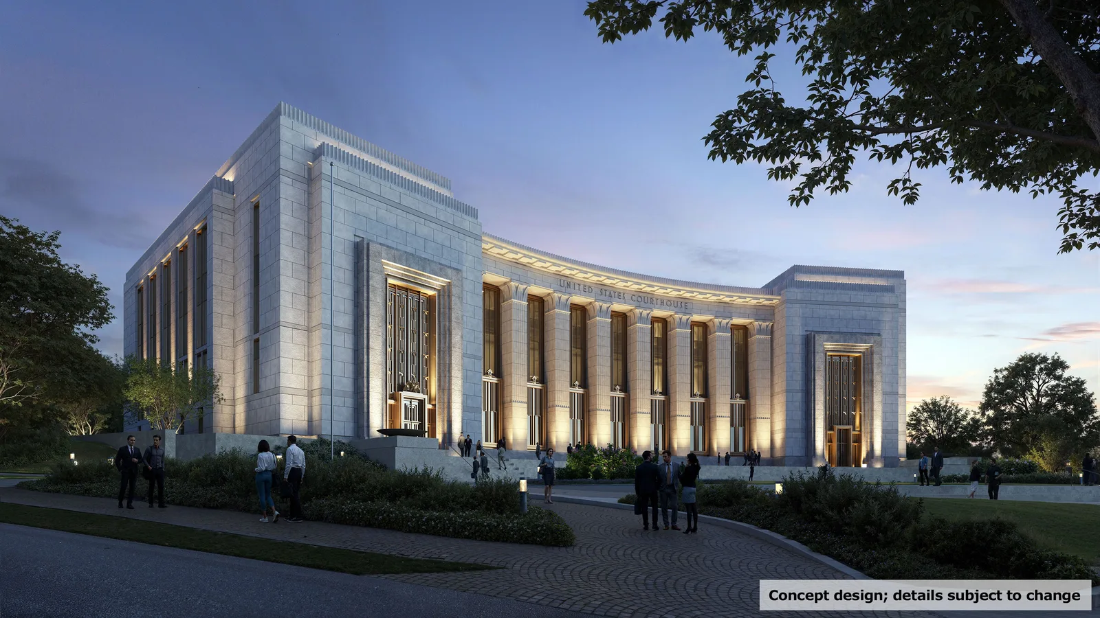 The concept design for the new U.S. Courthouse, seen from the Vine Street approach. GSA says details are subject to change.