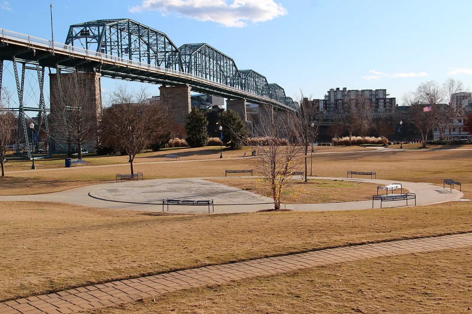 Coolidge Park on the North Shore of Chattanooga, with the Walnut Street Bridge behind it, the home of Pops on the River.