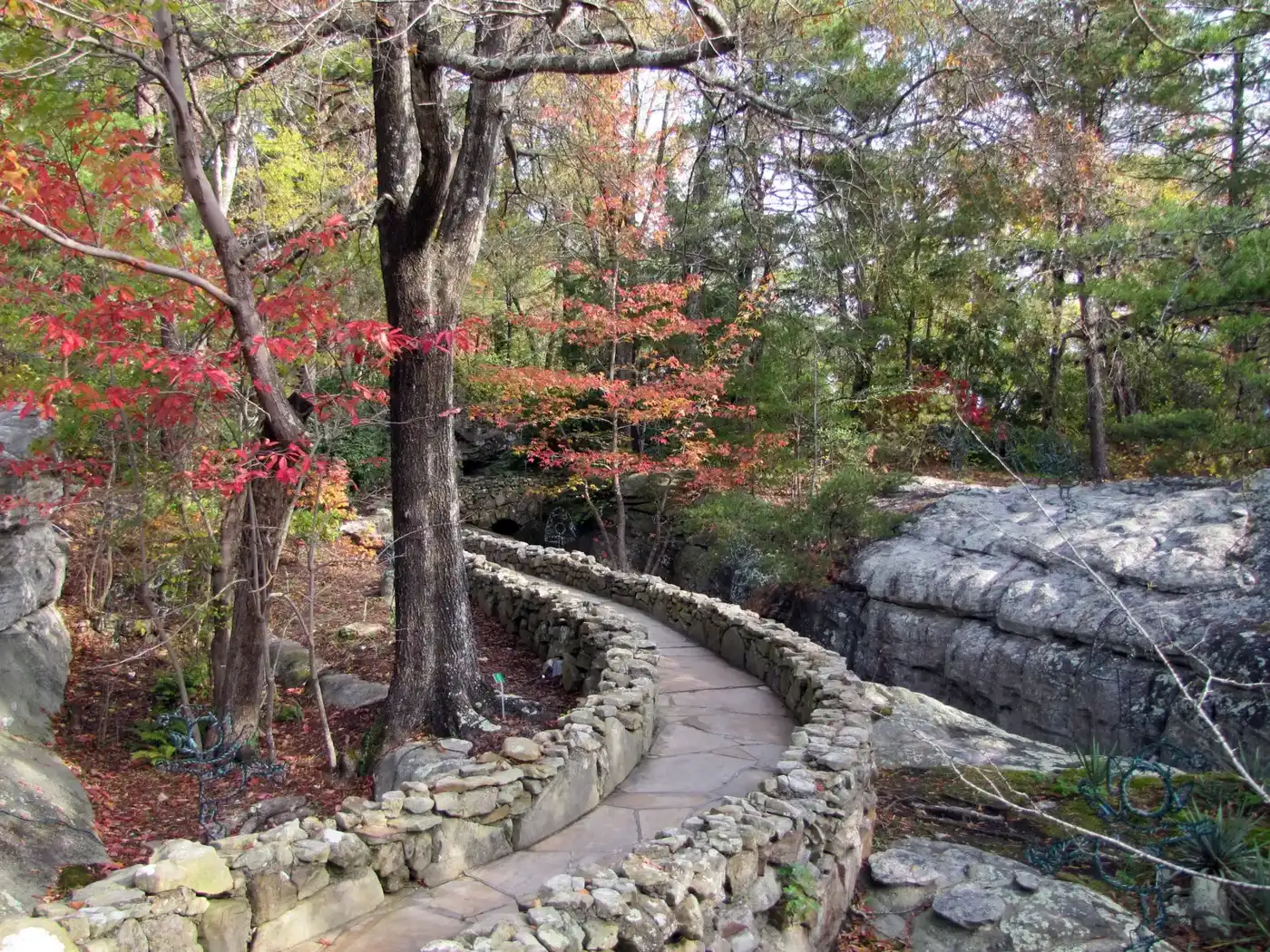A stone path winds between rock walls and fall trees strung with lights at Rock City Gardens on Lookout Mountain.