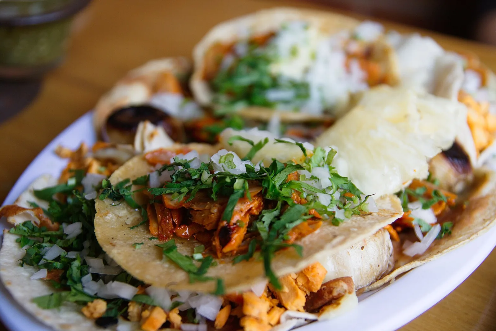 Tacos al pastor on a plate. The photo was not taken at a Chattanooga restaurant.