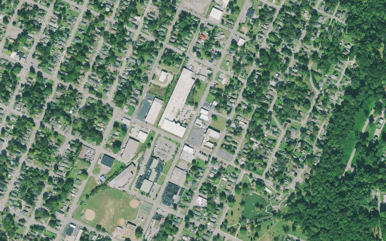 Aerial view of East Lake's streets, with the pond in East Lake Park at lower right and the ballfield at East Lake Center Park at lower left.