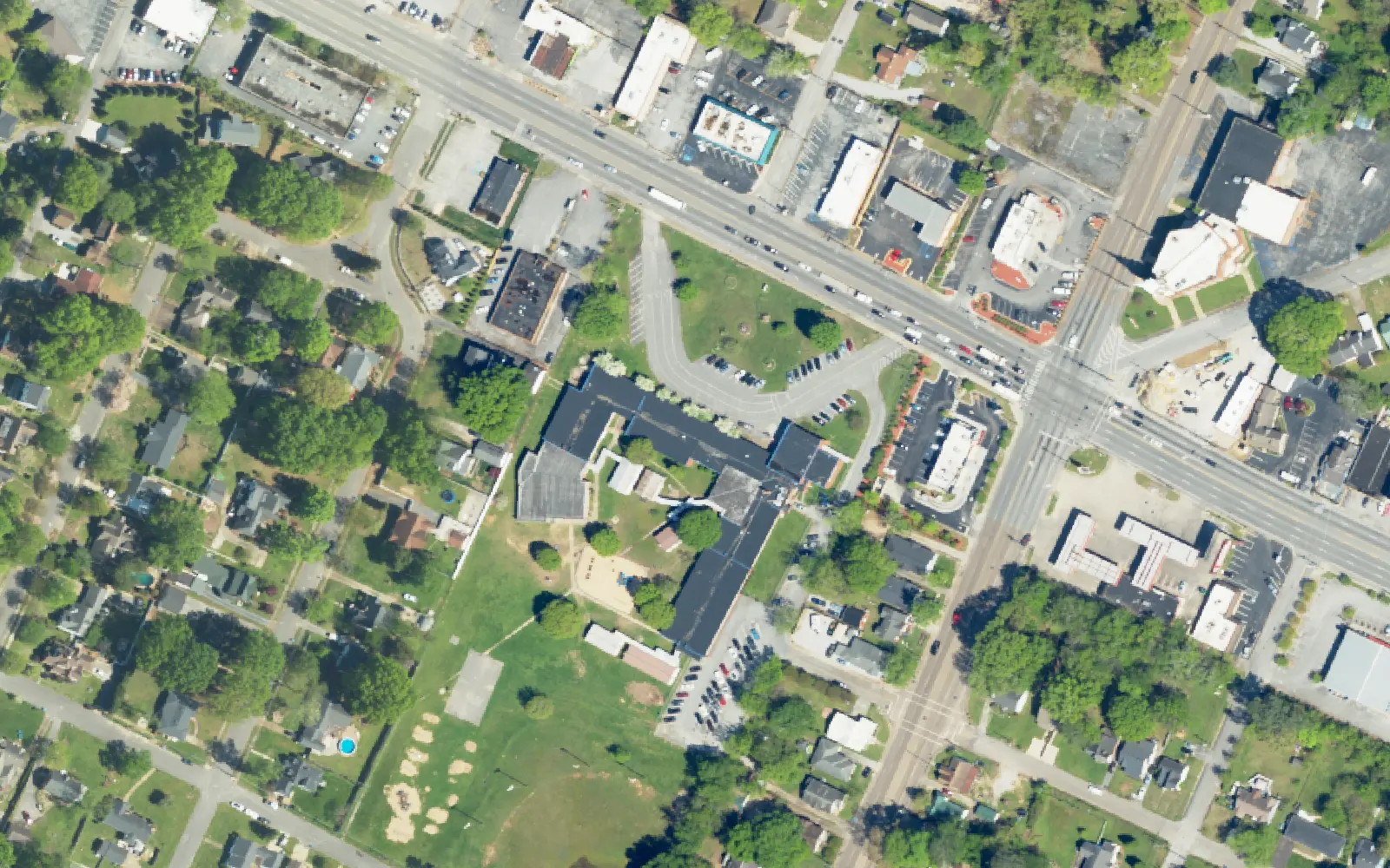 Barger Academy of Fine Arts on Brainerd Road, seen from the air.