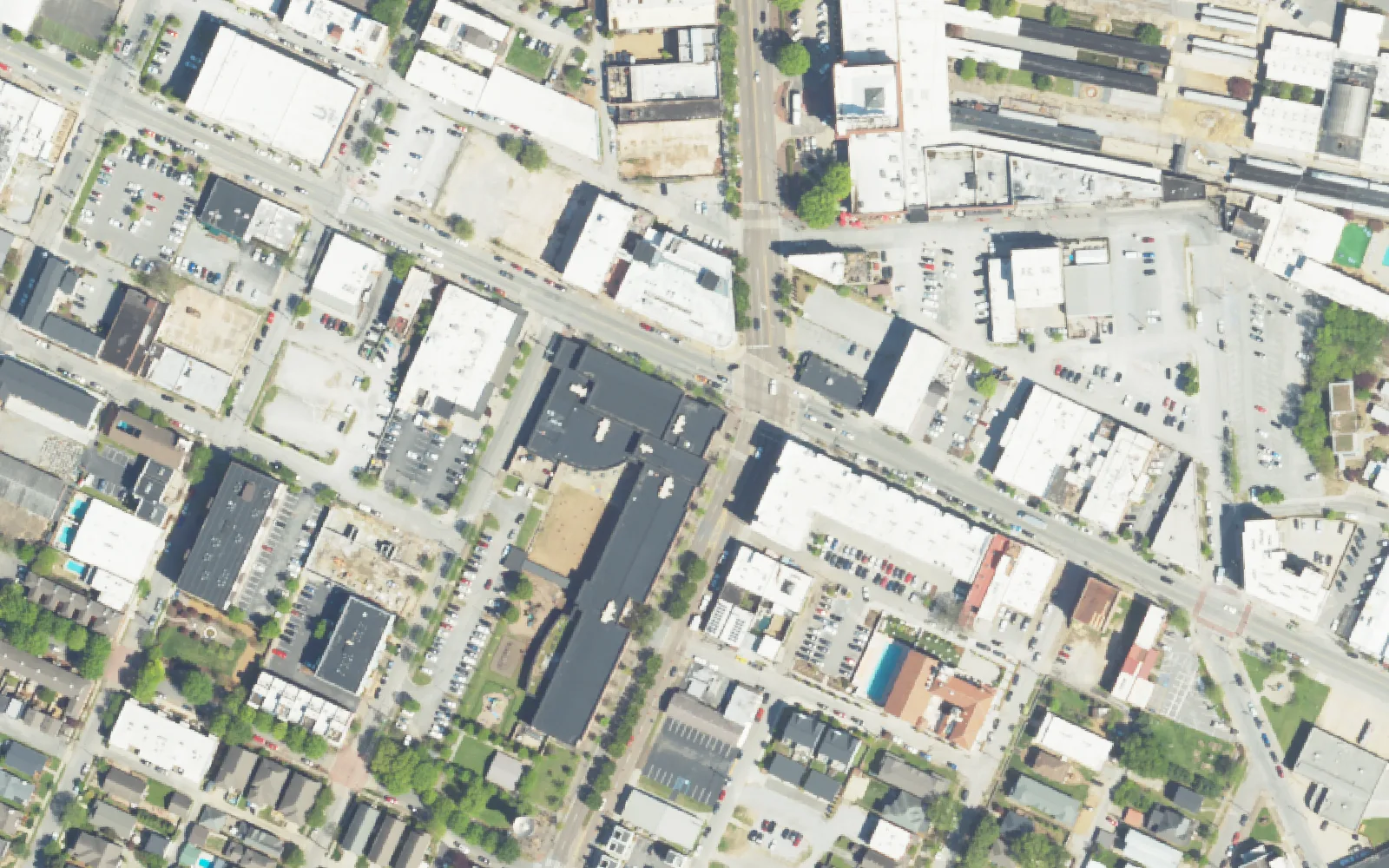 Battle Academy and the Southside blocks around Market Street, seen from the air.