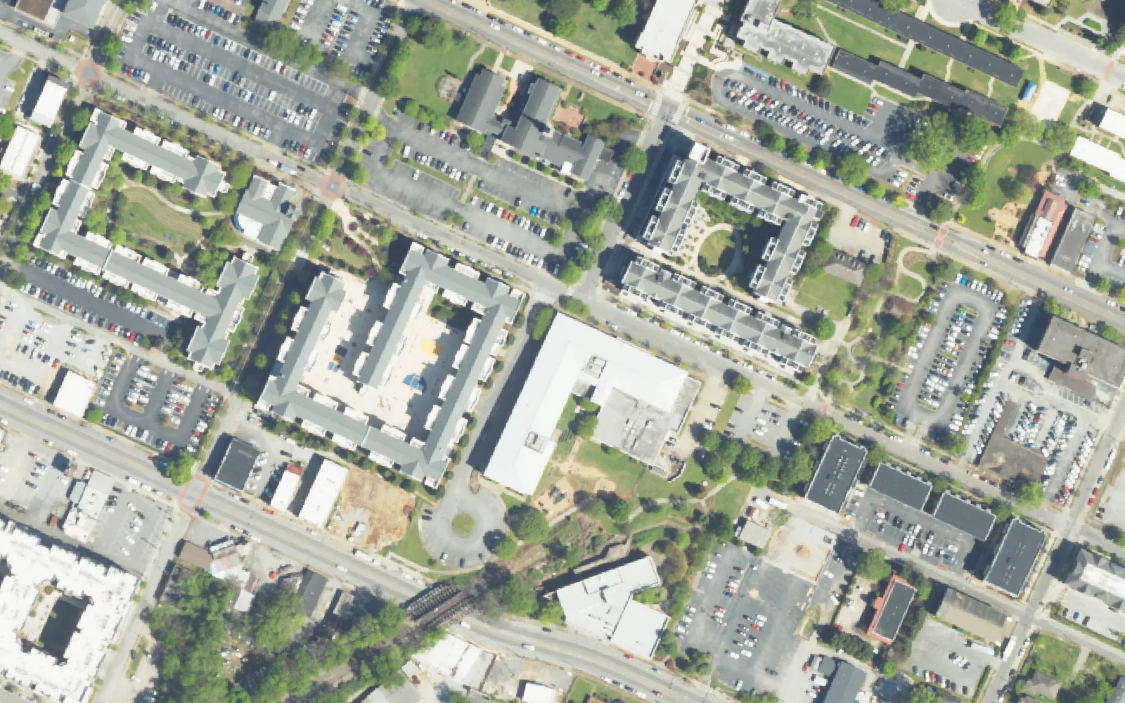 Brown Academy and the downtown blocks around East Eighth Street, seen from the air.