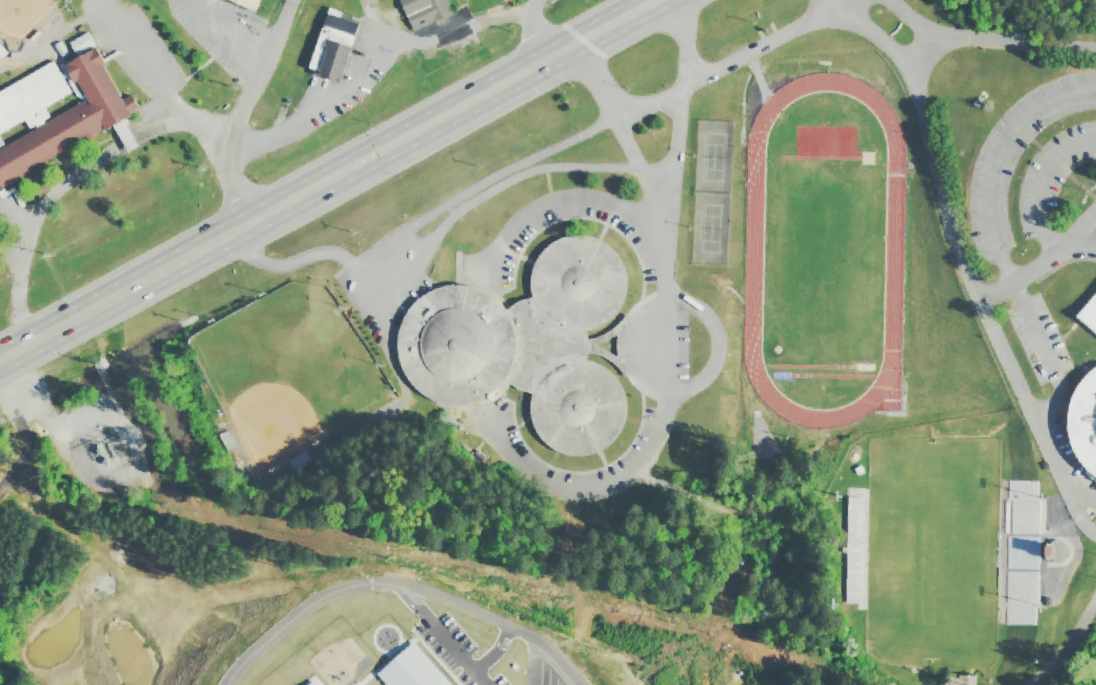 The Brown Middle School campus on Highway 58 and its track, seen from the air.