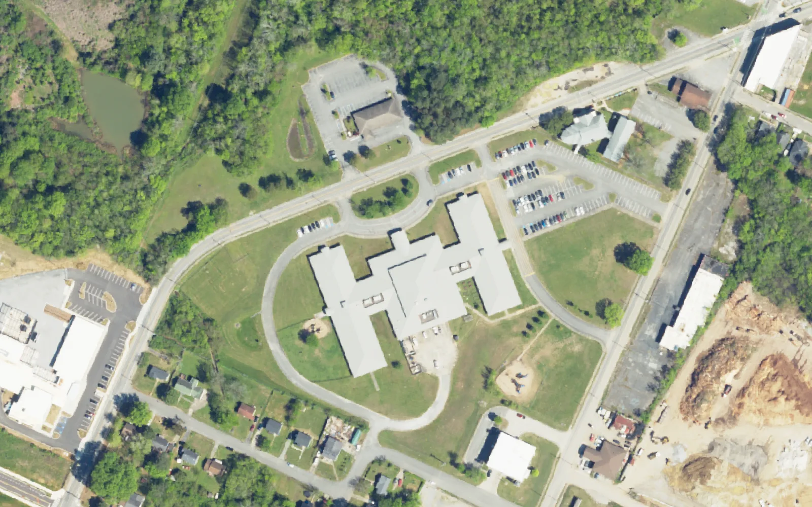 Hardy Elementary School on Glass Street, seen from the air.