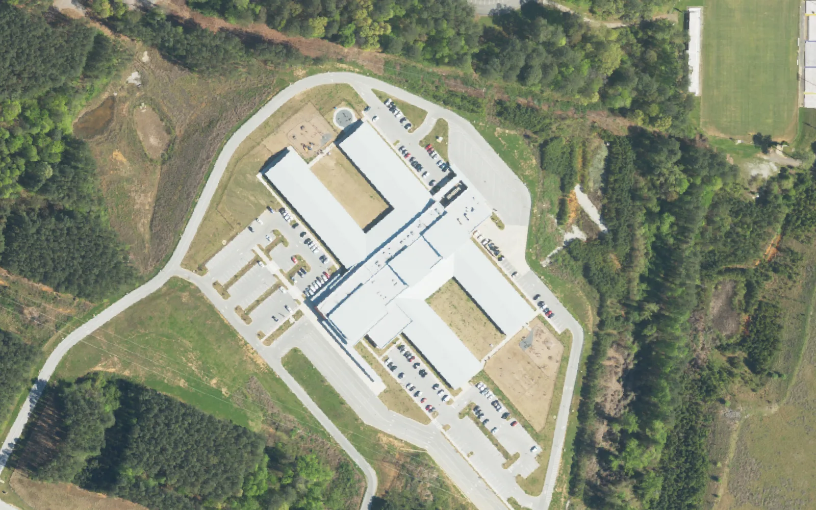 Harrison Elementary School on Ferdinand Piech Way, seen from the air.