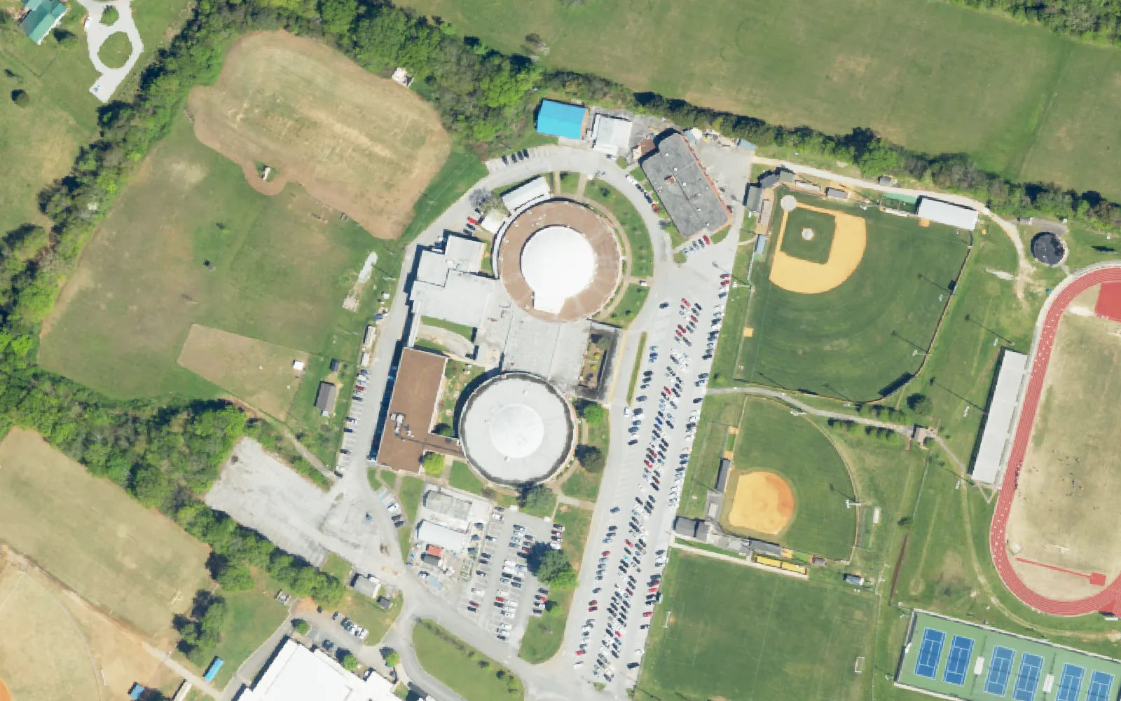 Hixson High School's campus on Middle Valley Road, with its ball fields and track, seen from the air.
