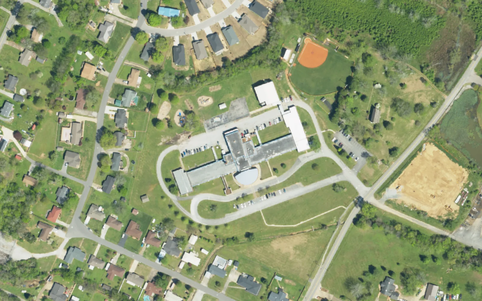 Lookout Valley Elementary School on Browns Ferry Road, seen from the air.