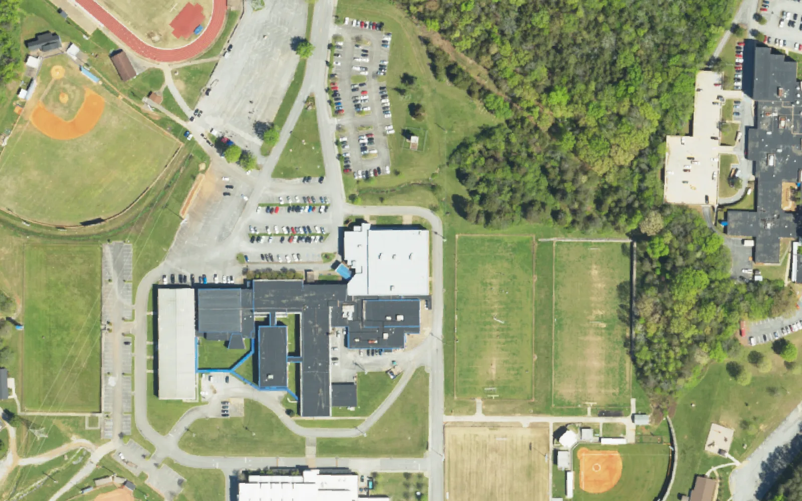 Red Bank High School on Morrison Springs Road and its athletic fields, seen from the air.
