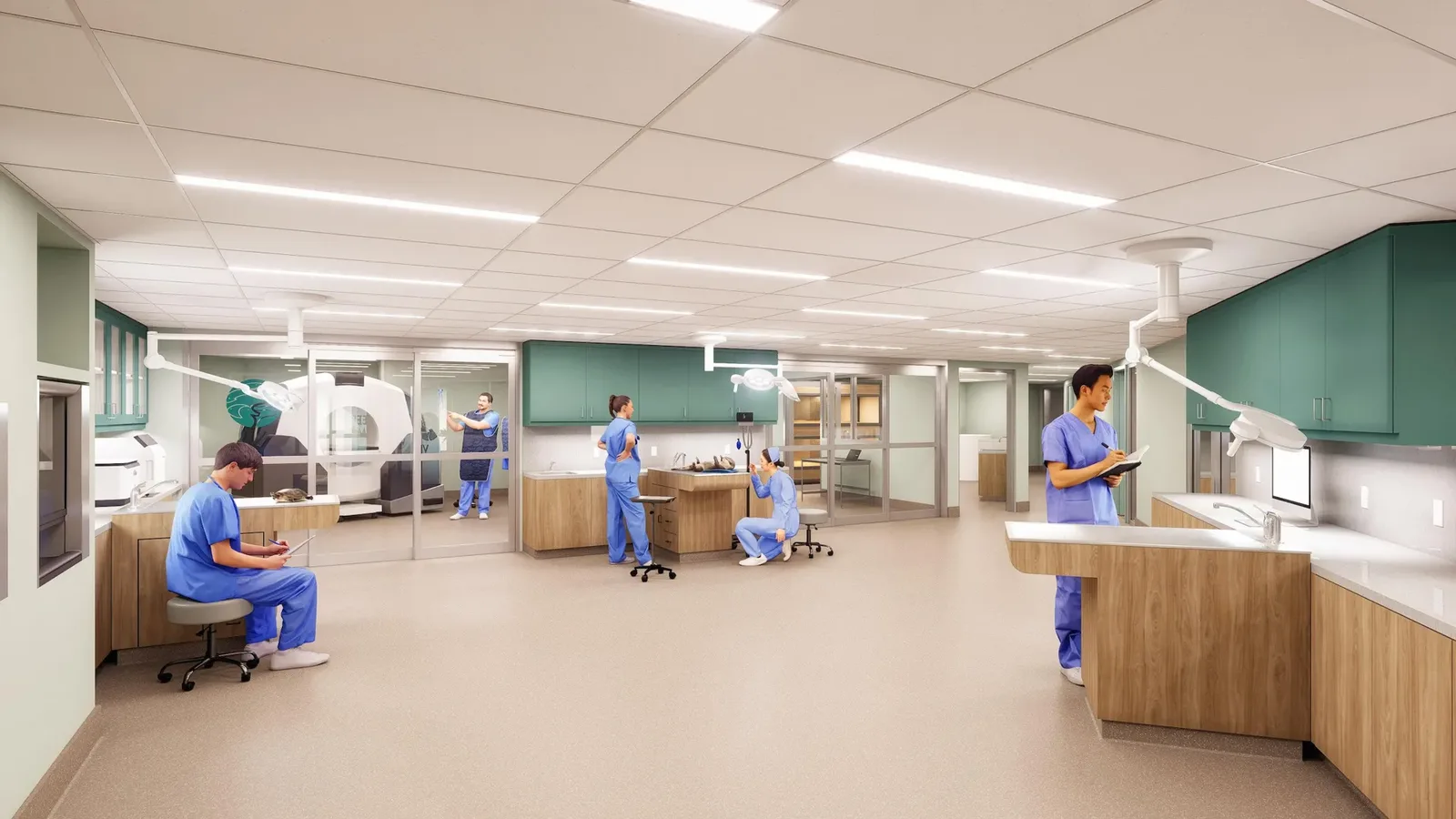 Architectural rendering of the Tennessee Aquarium's planned animal hospital interior, with a treatment area and medical equipment.