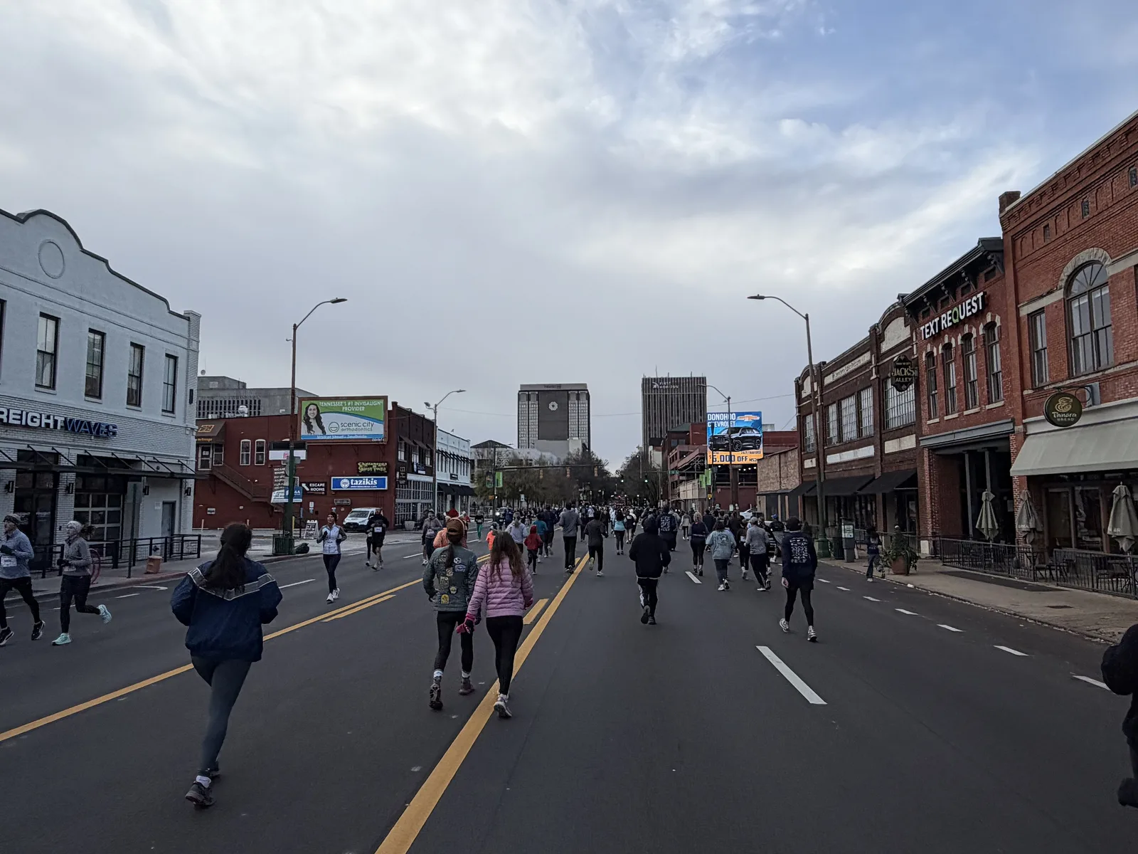 Runners on Market Street in Chattanooga during the Grateful Gobbler 5K on Thanksgiving morning.