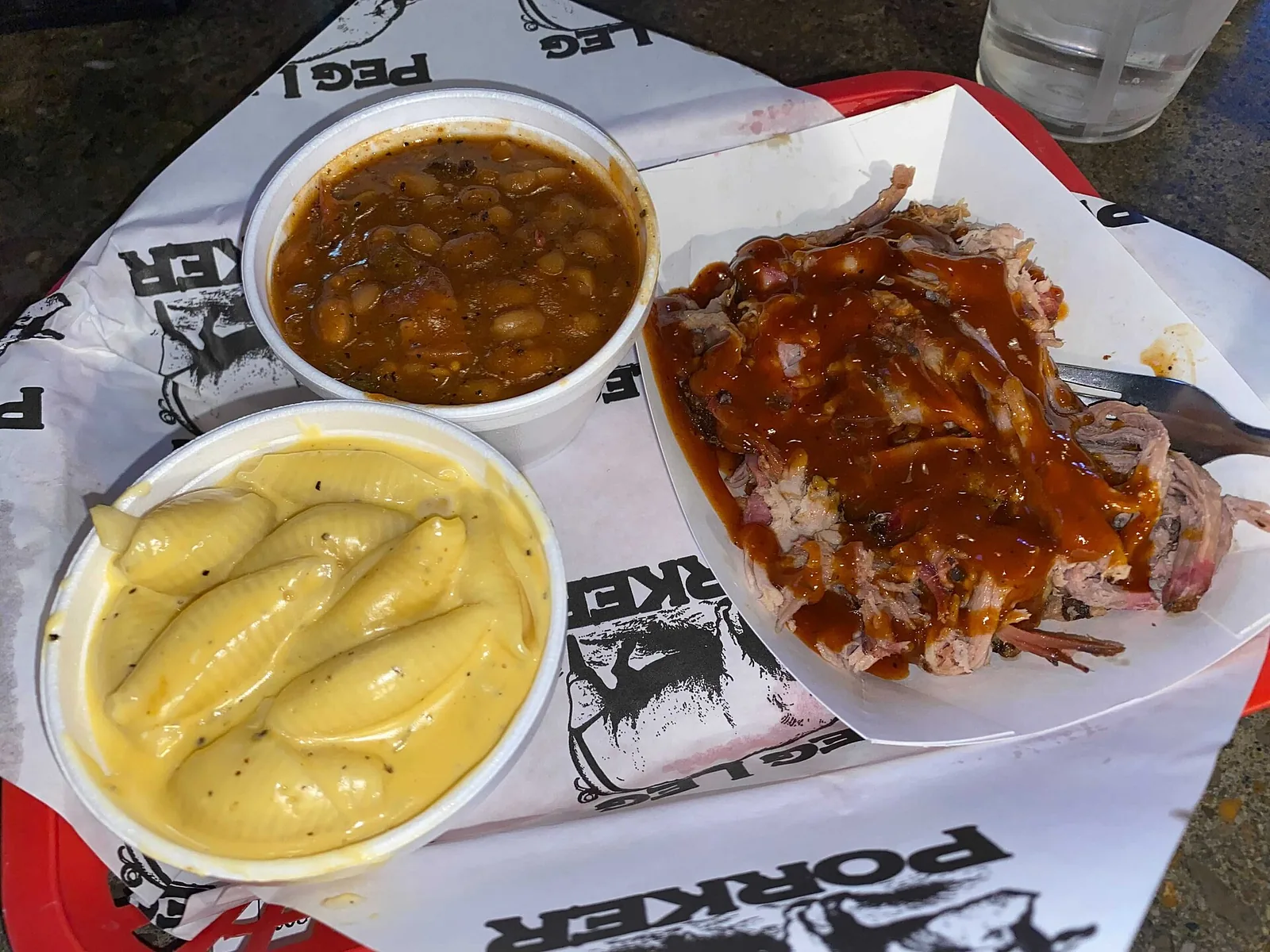 Pulled pork, baked beans and macaroni and cheese at a Nashville, Tennessee, barbecue restaurant. The photo was not taken in Chattanooga.